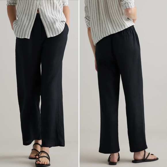 Quince European Linen Pleated Trousers 6 black wide leg pants high rise waist - Picture 1 of 13